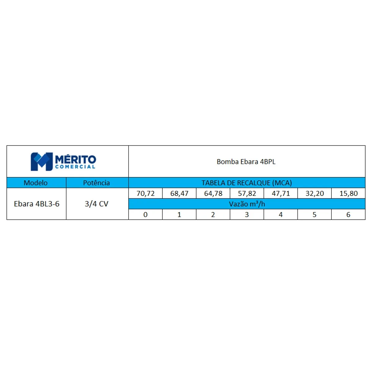 Bomba Submersa Ebara 4BPL3-6 OM4A 3/4 CV Monofásica 220V - 2 Fios