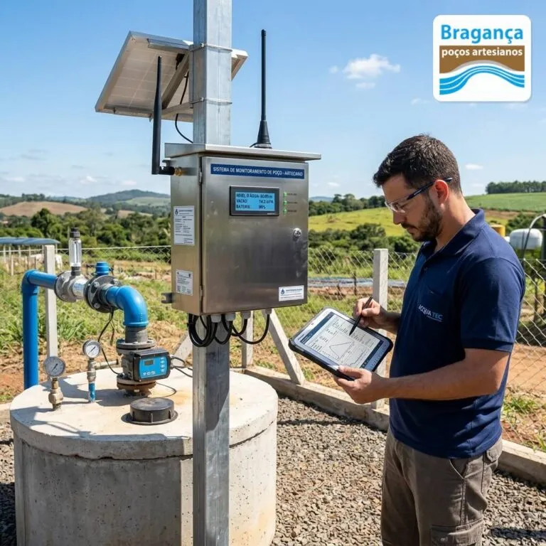 Técnico acompanhando o funcionamento de um poço artesiano